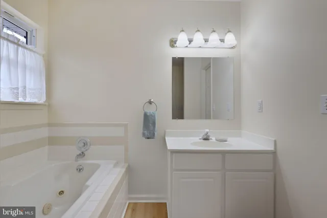 a bathroom with a tub sink and mirror