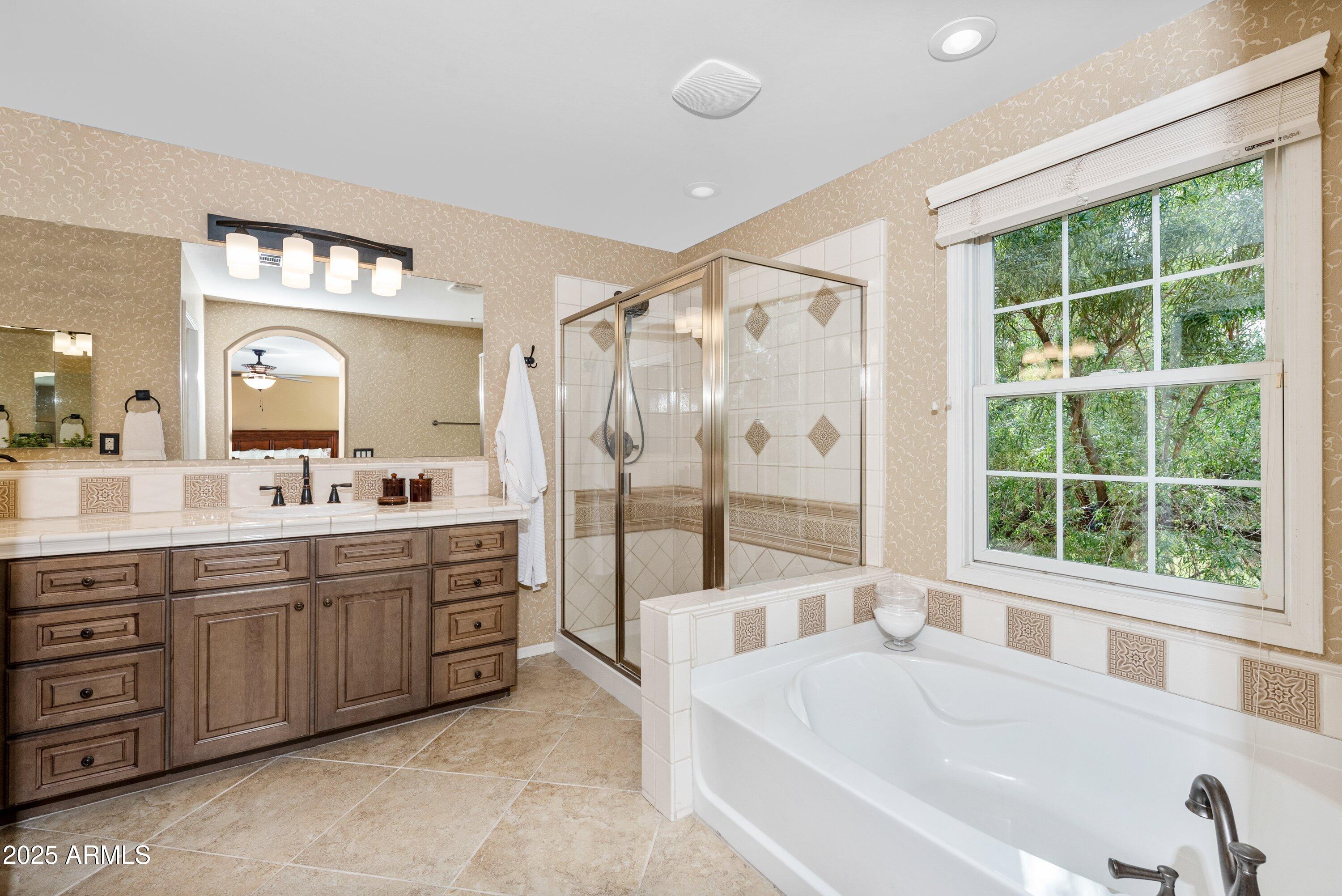 964 South Henry Lane Gilbert, AZ 85296 - Photo 7 of 48 a spacious bathroom with a tub sink a mirror a vanity and a large window