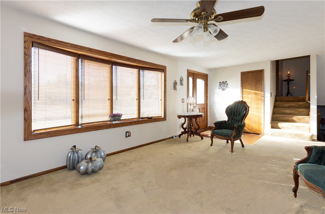 5419 Camp Road Ravenna, OH 44266 - Photo 14 of 32 Living area featuring light colored carpet, french doors, and ceiling fan