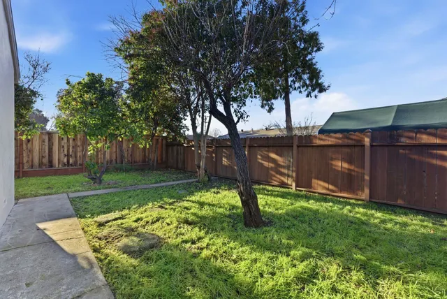 a view of a backyard with wooden fence