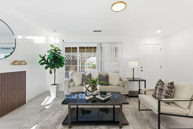 a living room with furniture and a potted plant