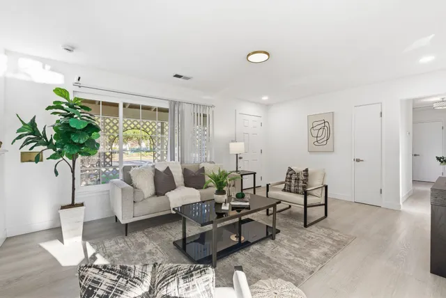 a living room with furniture and a potted plant