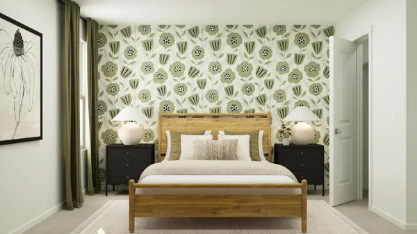 a bedroom with a bed and a mirror