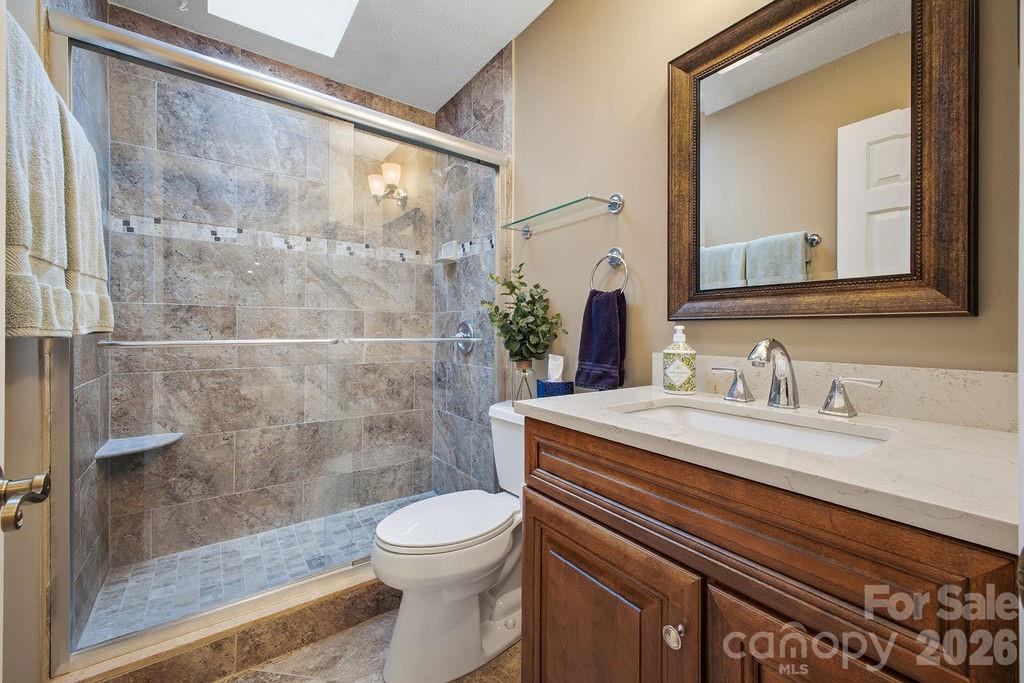 3100 Cove Loop Road Hendersonville, NC 28739 - Photo 28 of 43 a bathroom with a granite countertop sink a toilet and a mirror