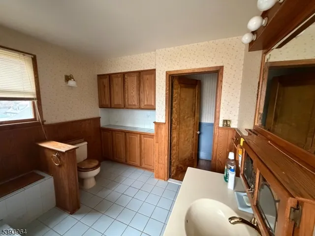 a bathroom with a sink a toilet and mirror