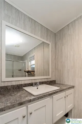 a bathroom with a sink and a mirror