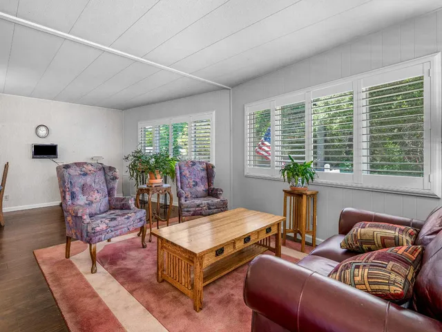 a living room with furniture potted plant and a large window