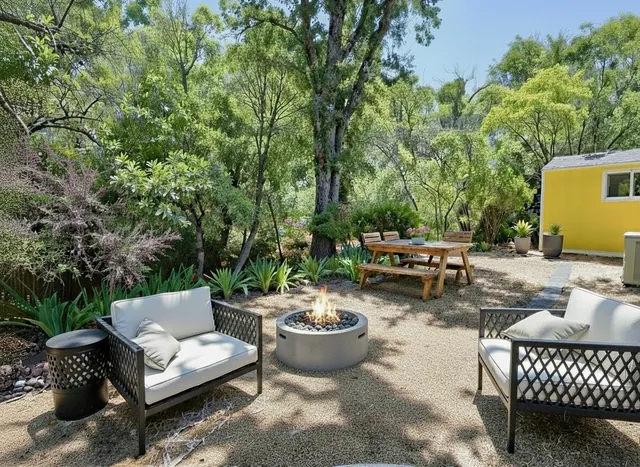 a backyard of a house with fire pit and outdoor seating