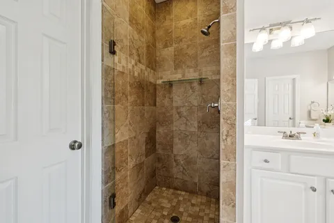 a bathroom with a shower sink and mirror