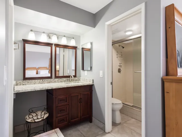 a bathroom with a granite countertop sink a toilet and a mirror