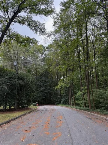 a view of a yard with plants and trees