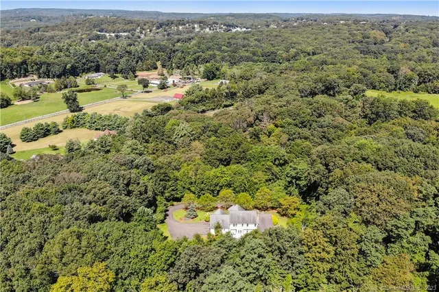 a view of a town with mountains in the background