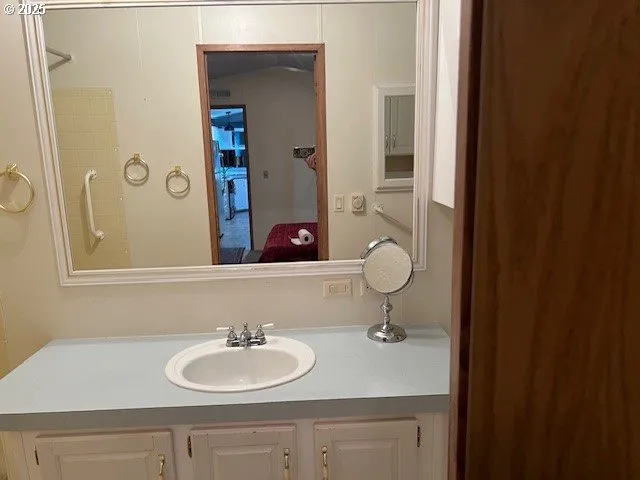 a bathroom with a sink and a mirror
