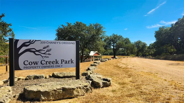 a view of a swimming pool with a bench and trees in the background