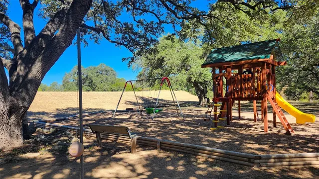 a view of a park with slide and a tree
