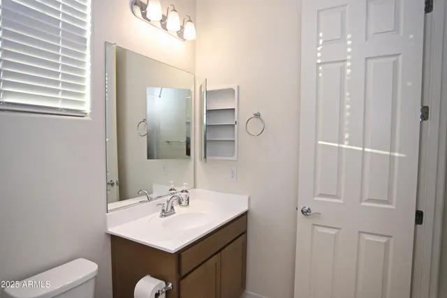 a bathroom with a sink toilet and mirror