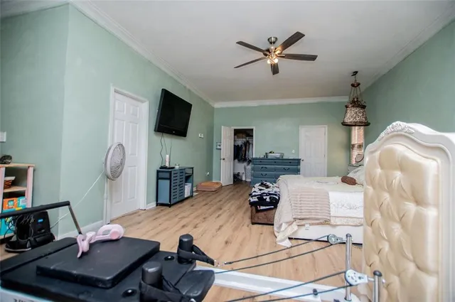 a view of a garden with an ocean