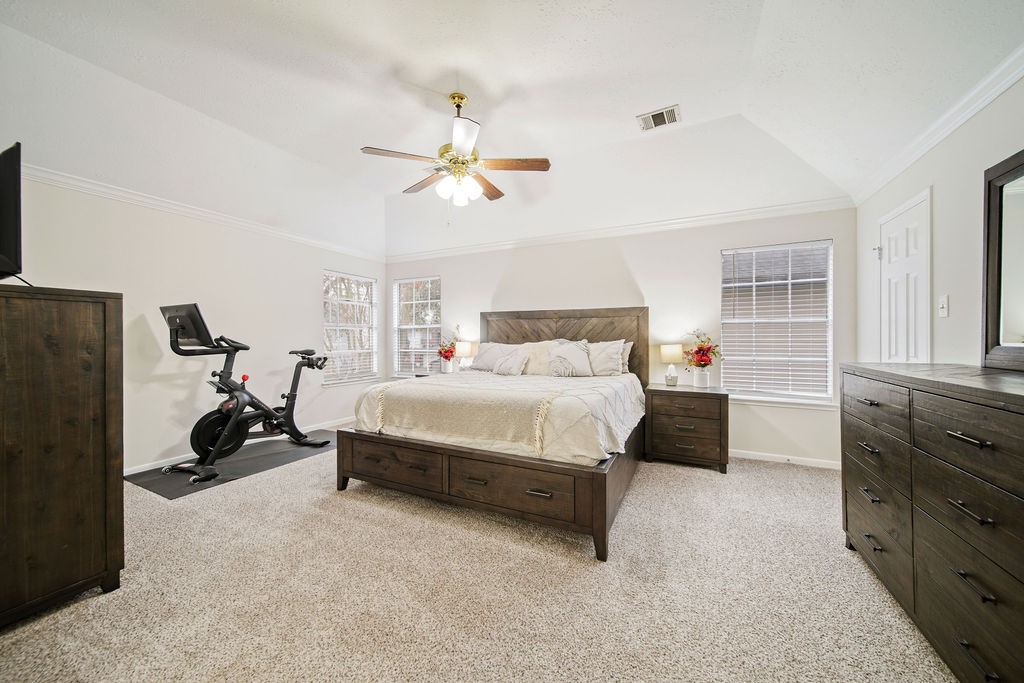 16114 Kintyre Point Road Houston, TX 77095 - Photo 31 of 44 Spacious and bright bedroom with a plush carpet, featuring a large bed, dark wood furniture, and an exercise bike. The room has ample natural light from two windows and a ceiling fan for comfort.