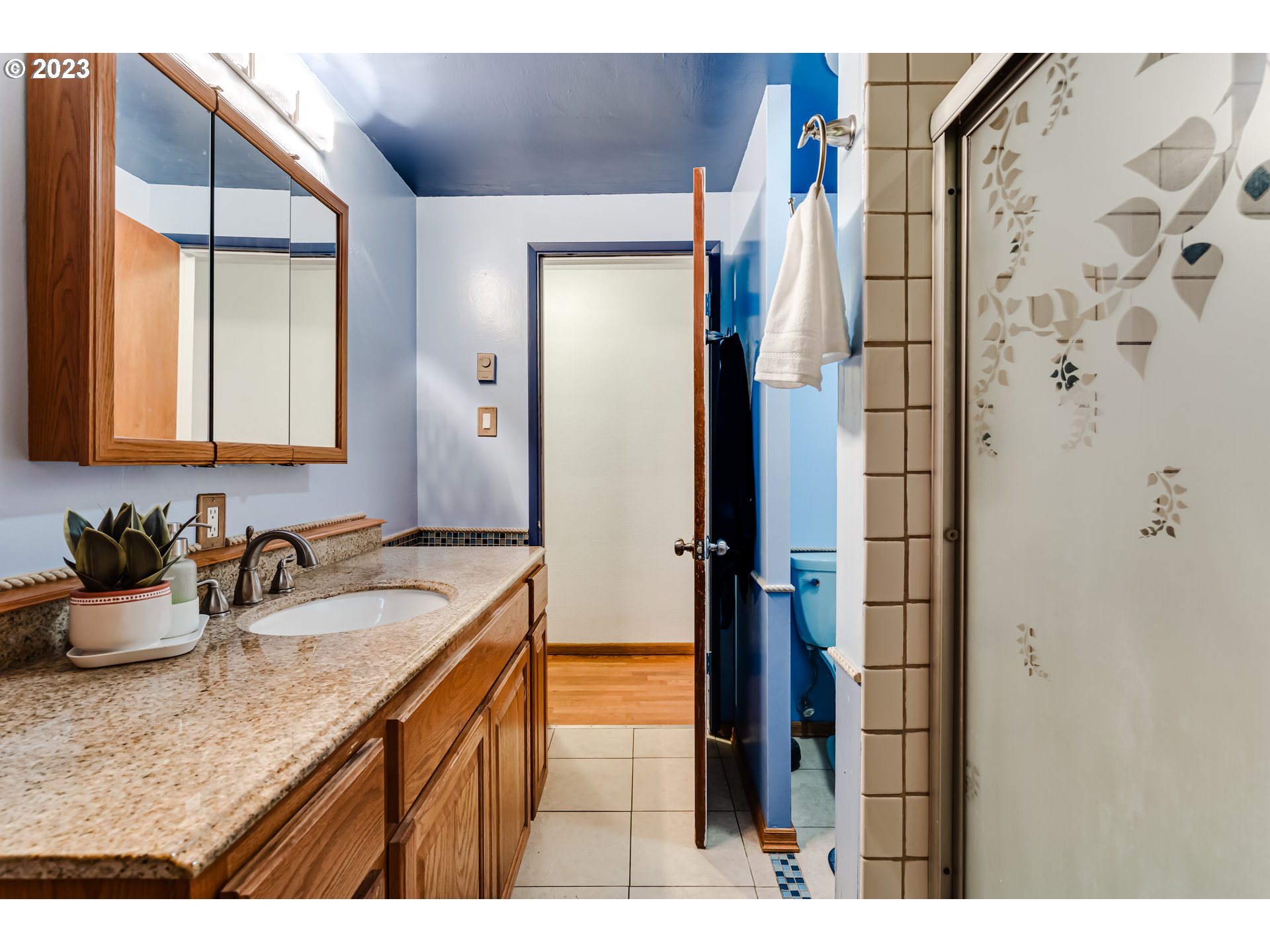 959 Laurelhurst Drive Eugene, OR 97402 - Photo 18 of 30 a bathroom with a granite countertop sink and a mirror