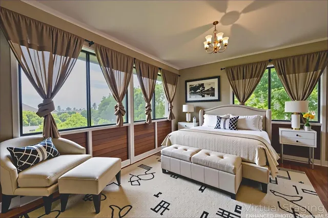 a bedroom with a bed couch and a large window