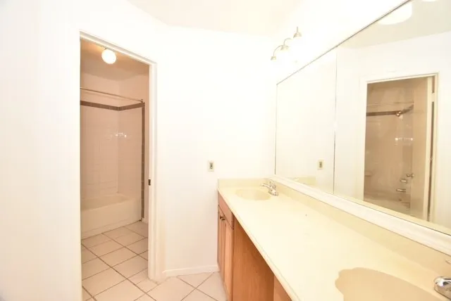 a bathroom with a tub shower vanity and a sink
