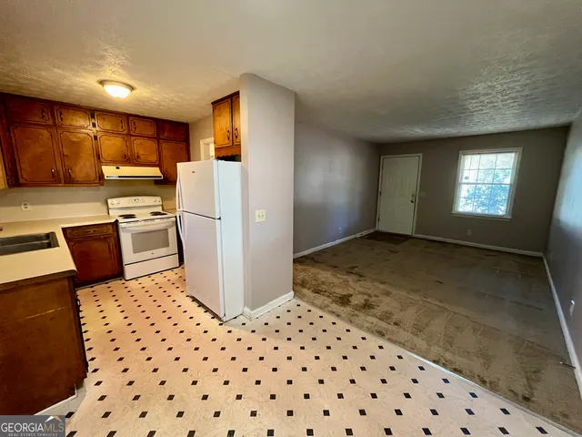 a kitchen with a refrigerator and a sink