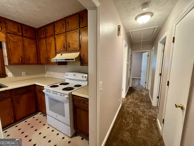 a view of a kitchen with a sink a stove and wooden cabinets