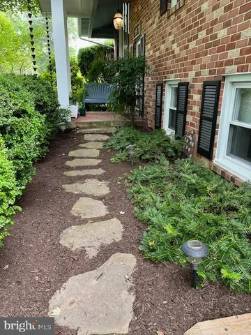a view of a pathway with yard and plants