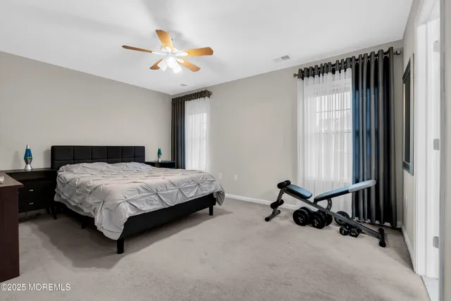 a bedroom with a bed a window and a ceiling fan