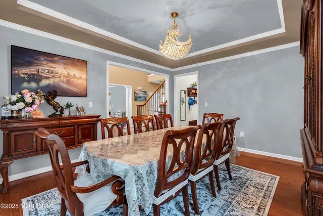 a view of a dining room with furniture