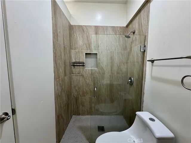 a bathroom with a shower and toilet