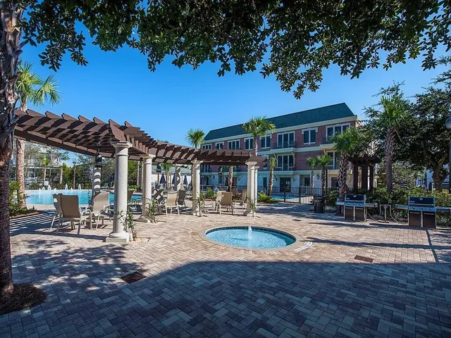 a view of a building with a patio