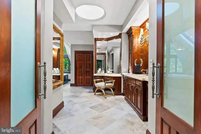 a view of a park with large trees