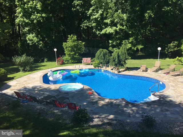 a view of a swimming pool with a yard