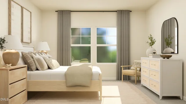 a bedroom with a bed a mirror and a window