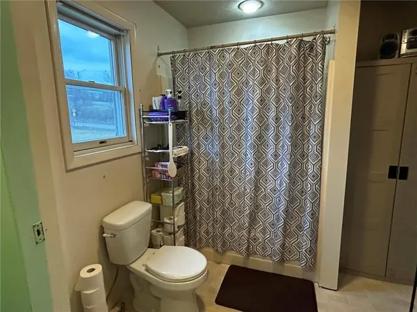 a white toilet sitting next to a shower curtain