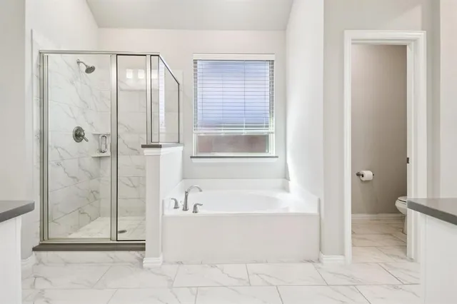 a bathroom with a bathtub and a shower