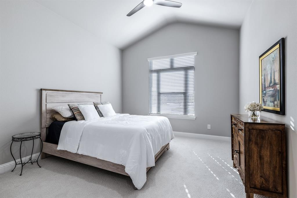 1302 Shorefront Drive Allen, TX 75013 - Photo 17 of 40 a bedroom with a bed and a flat tv screen on a dresser