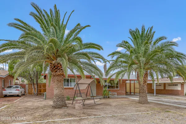 a view of a palm trees in front of a house