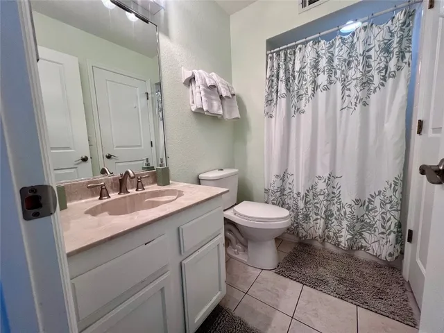 a bathroom with a sink a toilet and shower curtain