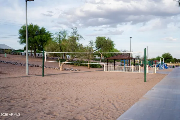 a view of a park with swings
