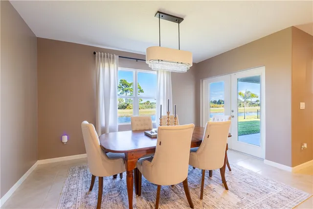 a view of a dining room with furniture window and outside view