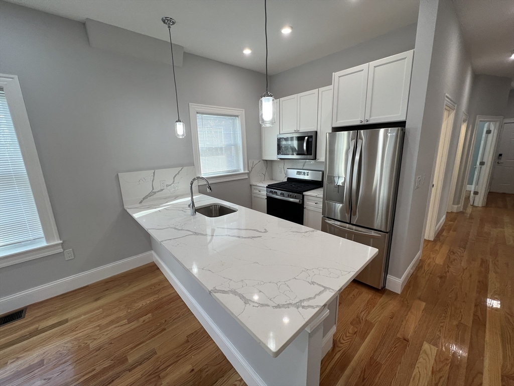 29 Alpine Street, Unit 1 Somerville, MA 02144 - Photo 4 of 33 a kitchen with stainless steel appliances a refrigerator and wooden floor