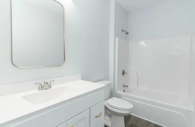 a bathroom with a sink toilet vanity and shower