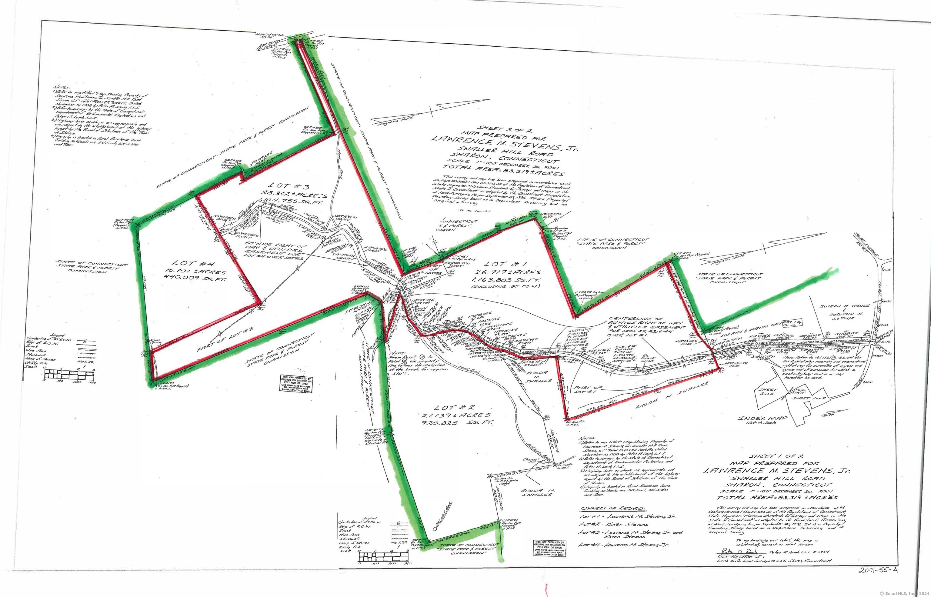 Swaller Hill Road West Cornwall, CT 06796 - Photo 2 of 12 This is a survey of the 58 acres containing lot 1 and lot 3. Property outlined in red. Green is beginning of abutting state forest.
