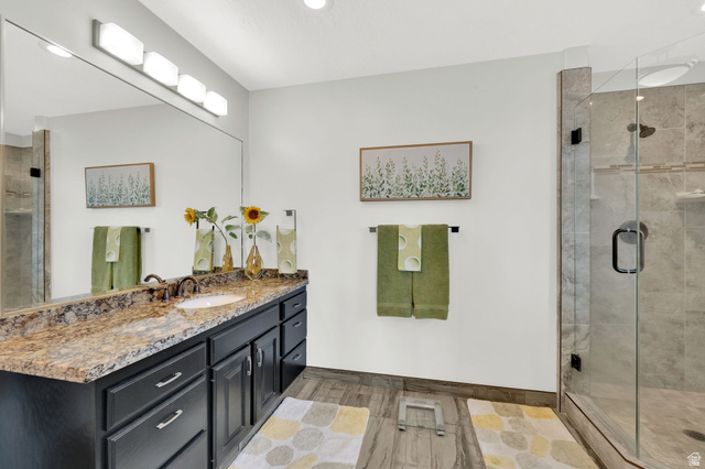 1506 Lakeview Drive Bountiful, UT 84010 - Photo 20 of 58 Bathroom with a stall shower, vanity, light tile floors, and recessed lighting