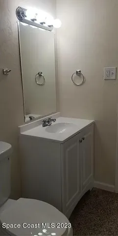 a bathroom with a sink vanity and toilet