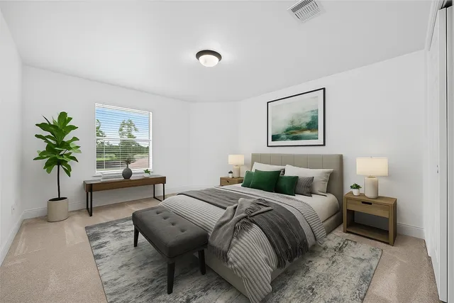 a bedroom with a bed and a couch