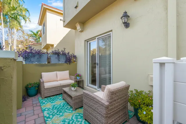 a view of a patio with couches and a potted plant on a table