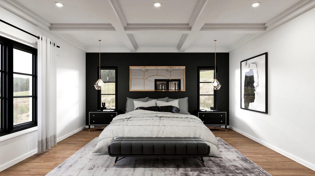 Fine hardwood flooring and a custom coffered ceiling define this elegant modern bedroom.
